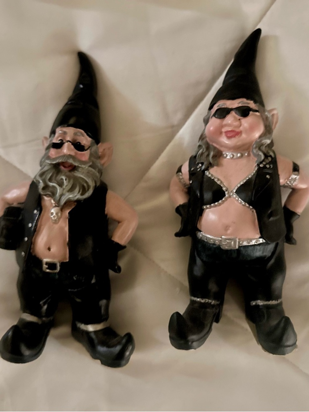Pair of Black Biker Gnome Statues - Male & Female